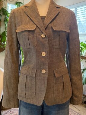 Brooks Brothers Brown Herringbone Wool Silk Linen Blazer Women's Size 4 Spring